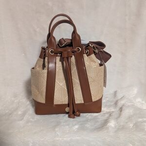 Leighton Woven Mini Bucket Bag - Brown and Cream